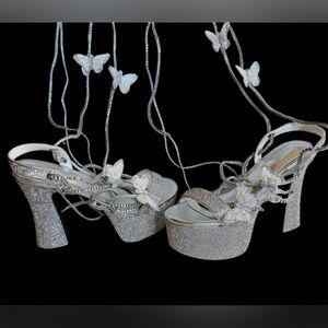 POSTER GIRL Silver Butterfly Rhinestone Platform Heels Size 8